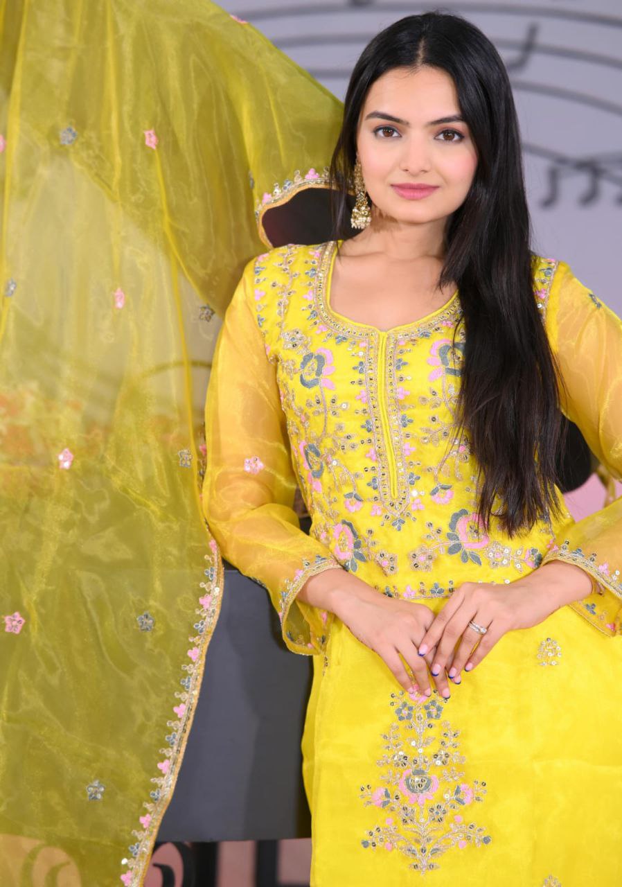 Designer Organza Embroidered Suit Set | Festive Ethnic Wear Drape Dress