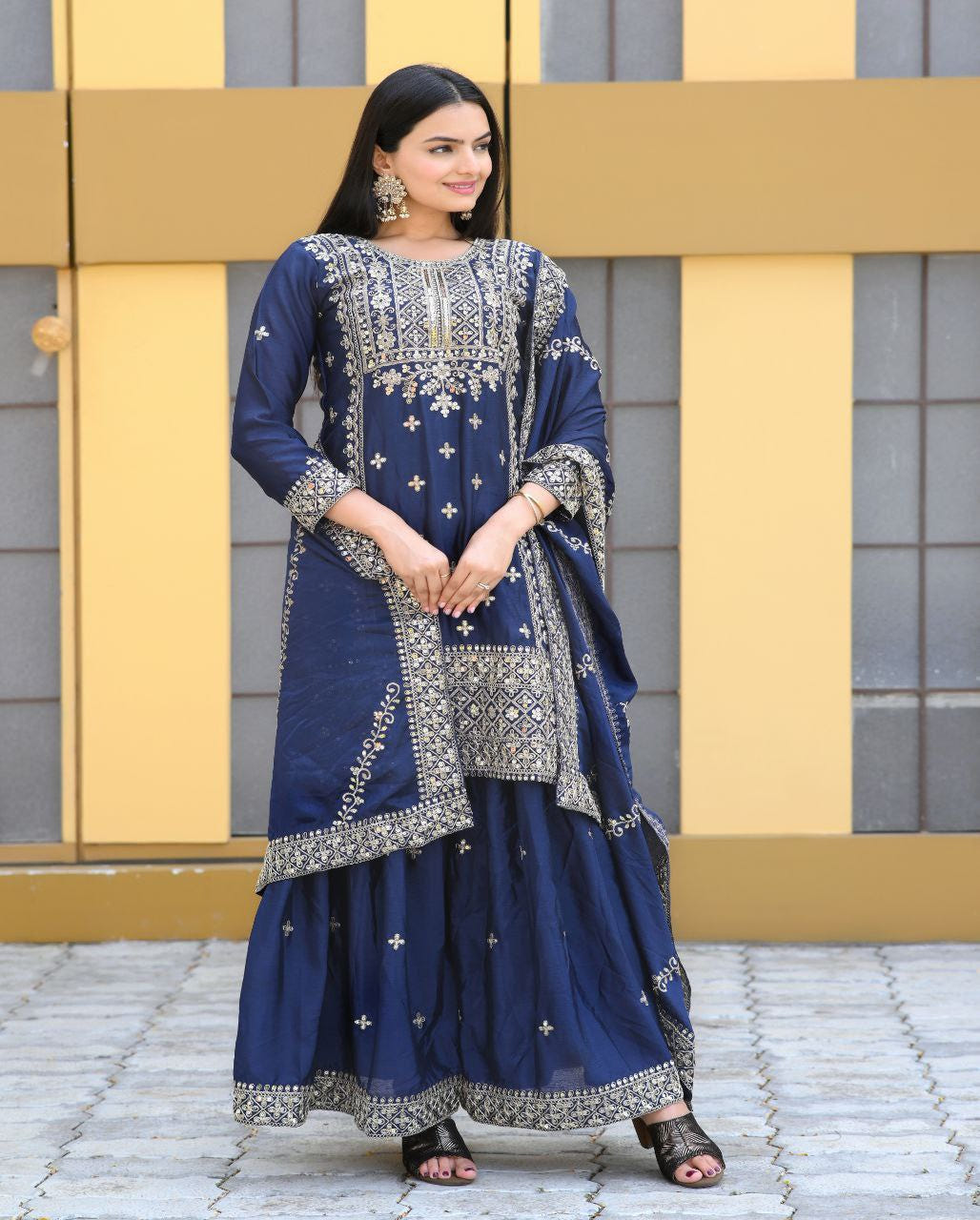 Designer Chinon Suit with Coding Sequin Embroidery | Festive Ethnic Wear Drape Dress
