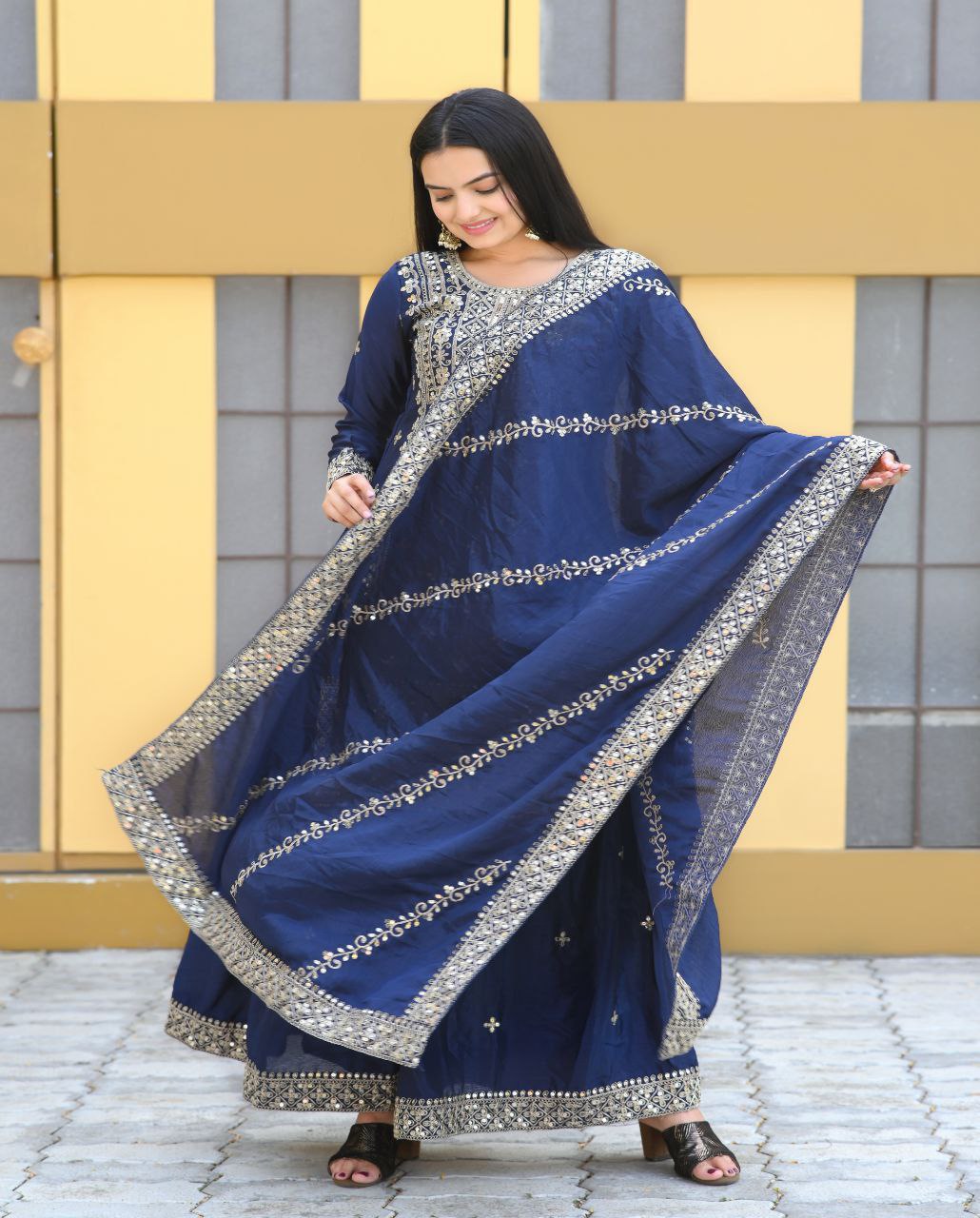 Designer Chinon Suit with Coding Sequin Embroidery | Festive Ethnic Wear Drape Dress