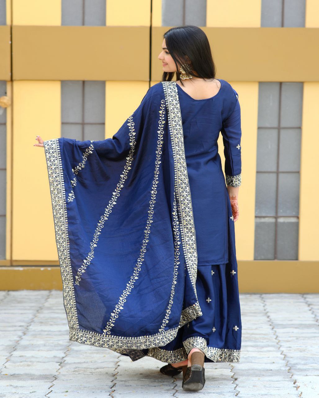 Designer Chinon Suit with Coding Sequin Embroidery | Festive Ethnic Wear Drape Dress