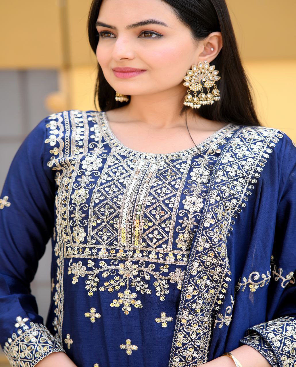 Designer Chinon Suit with Coding Sequin Embroidery | Festive Ethnic Wear Drape Dress