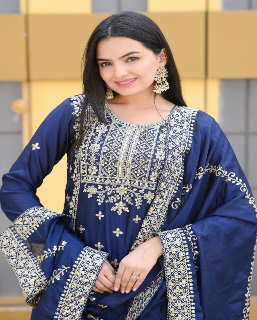 Designer Chinon Suit with Coding Sequin Embroidery | Festive Ethnic Wear Drape Dress