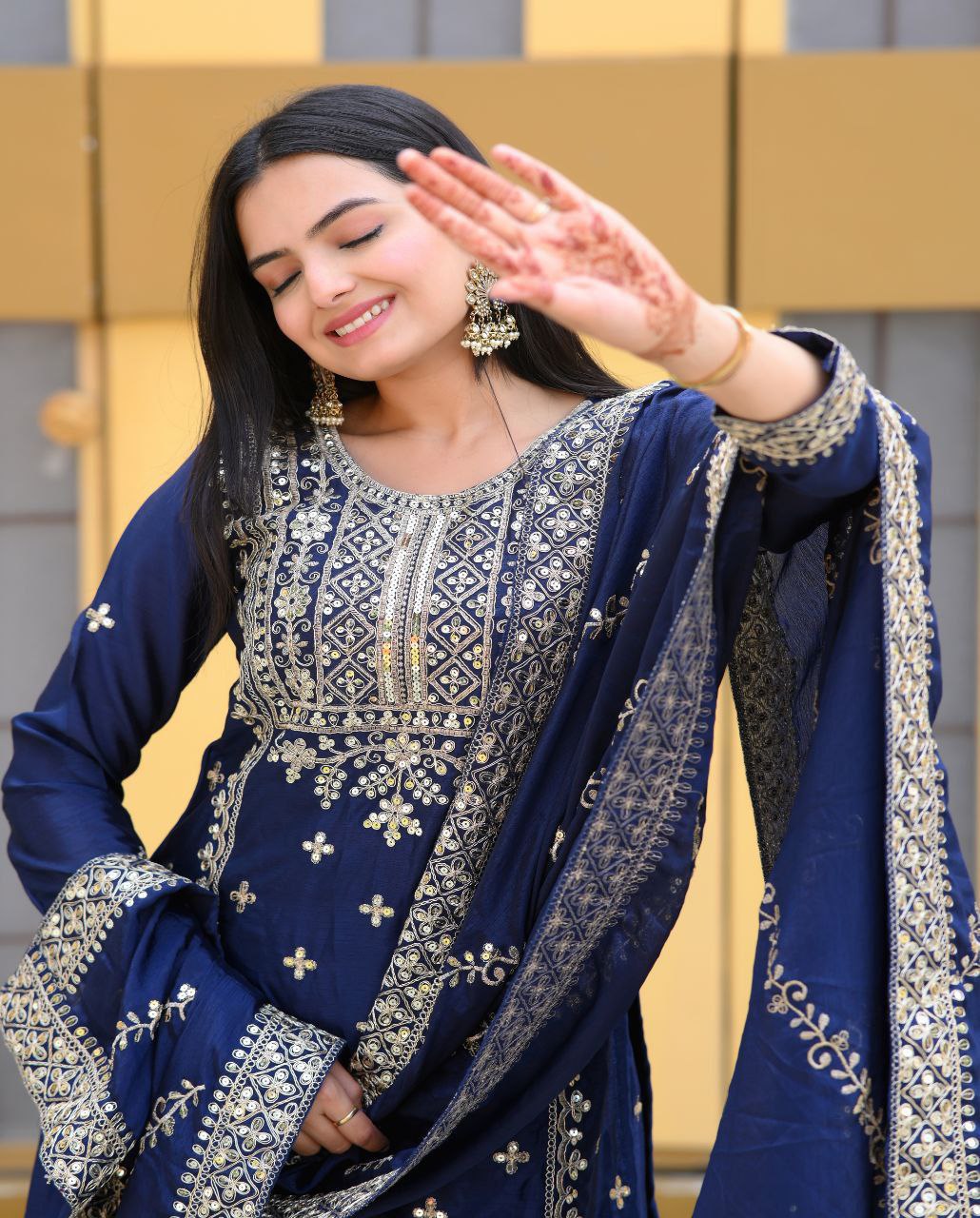 Designer Chinon Suit with Coding Sequin Embroidery | Festive Ethnic Wear Drape Dress