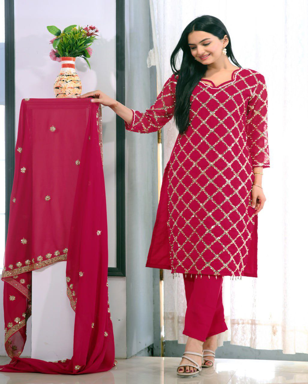 Designer Embroidered Fox Georgette Suit With Sequence Embroidered Work With Rivet Moti Drape Dress