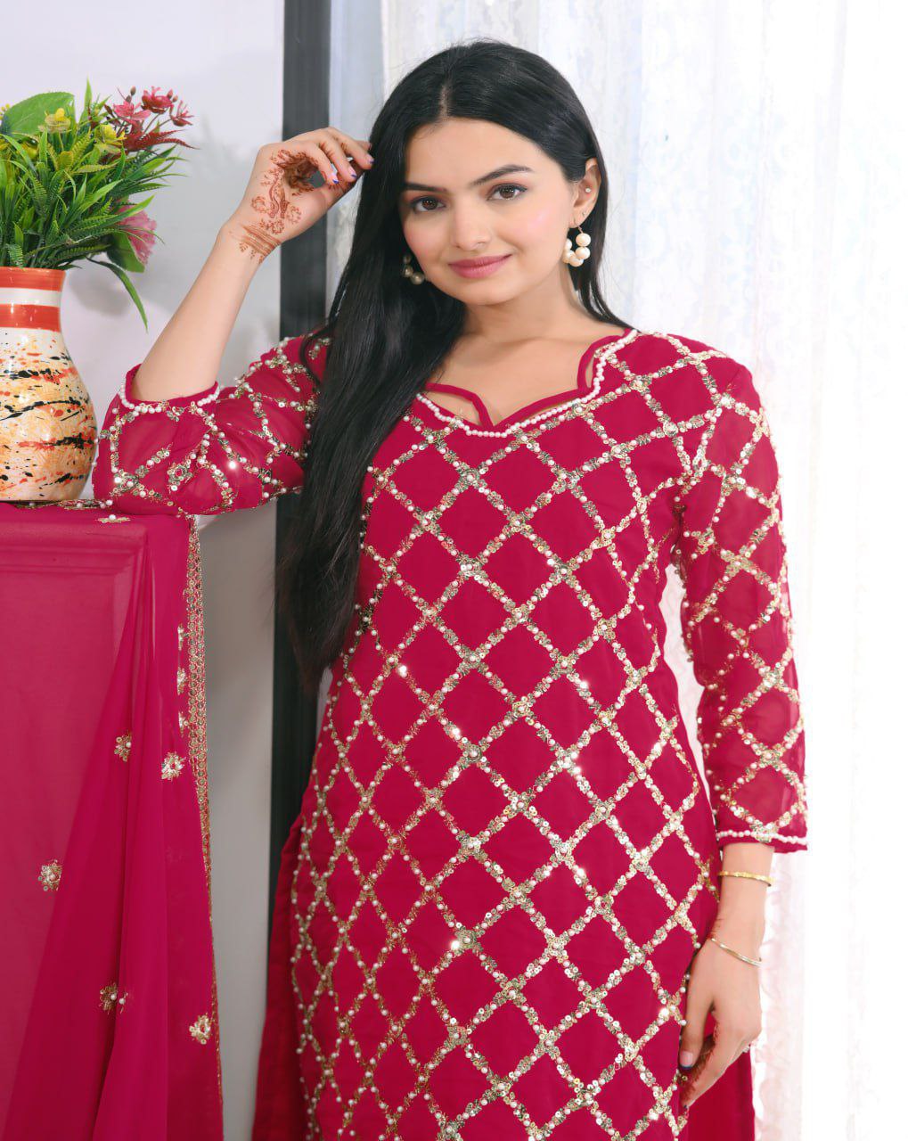 Designer Embroidered Fox Georgette Suit With Sequence Embroidered Work With Rivet Moti Drape Dress