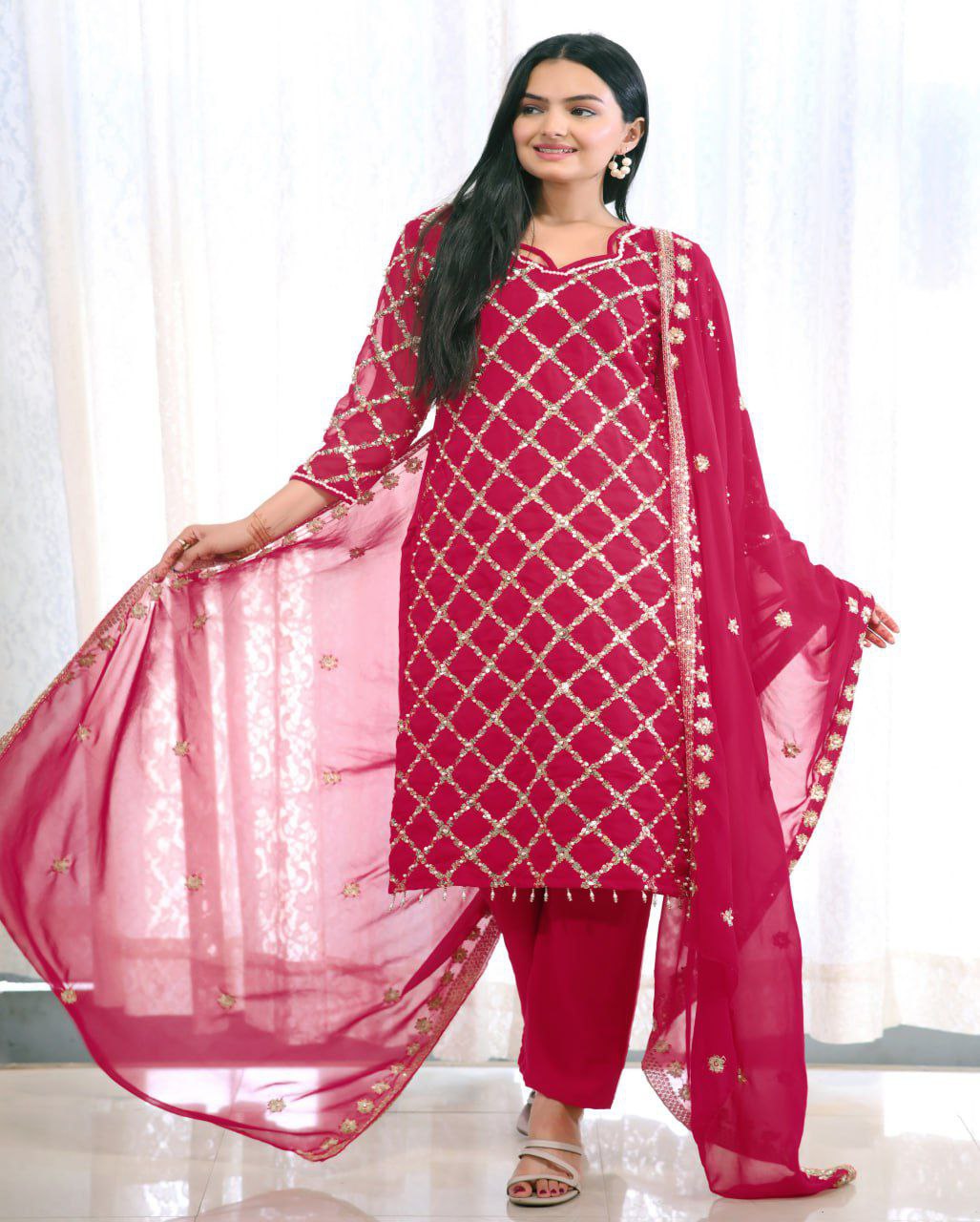 Designer Embroidered Fox Georgette Suit With Sequence Embroidered Work With Rivet Moti Drape Dress