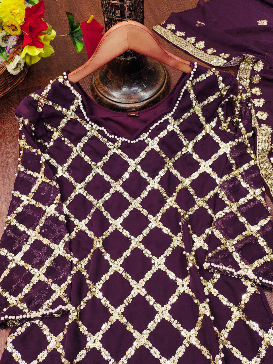 Designer Embroidered Fox Georgette Suit With Sequence Embroidered Work With Rivet Moti Drape Dress