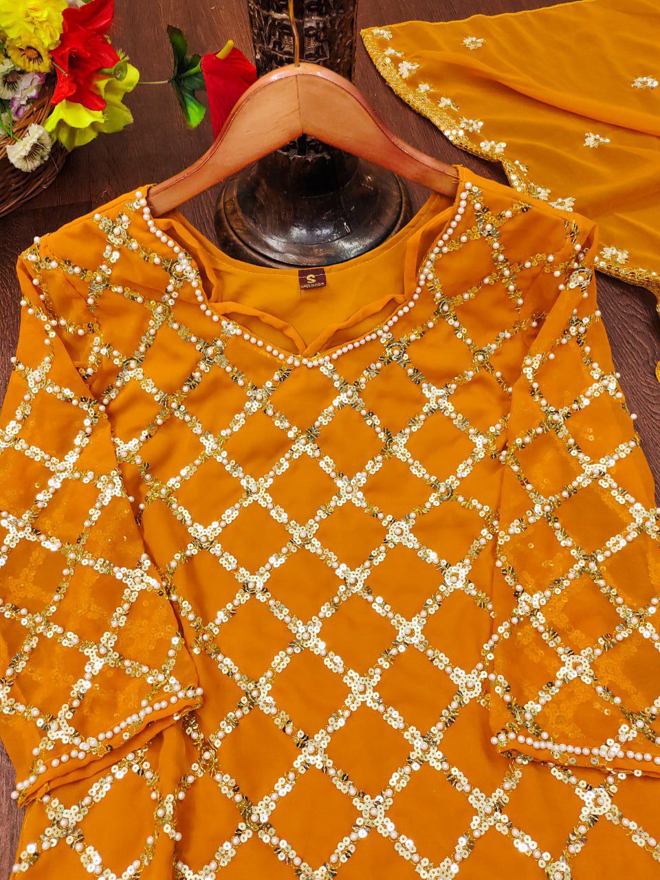 Designer Embroidered Fox Georgette Suit With Sequence Embroidered Work With Rivet Moti Drape Dress