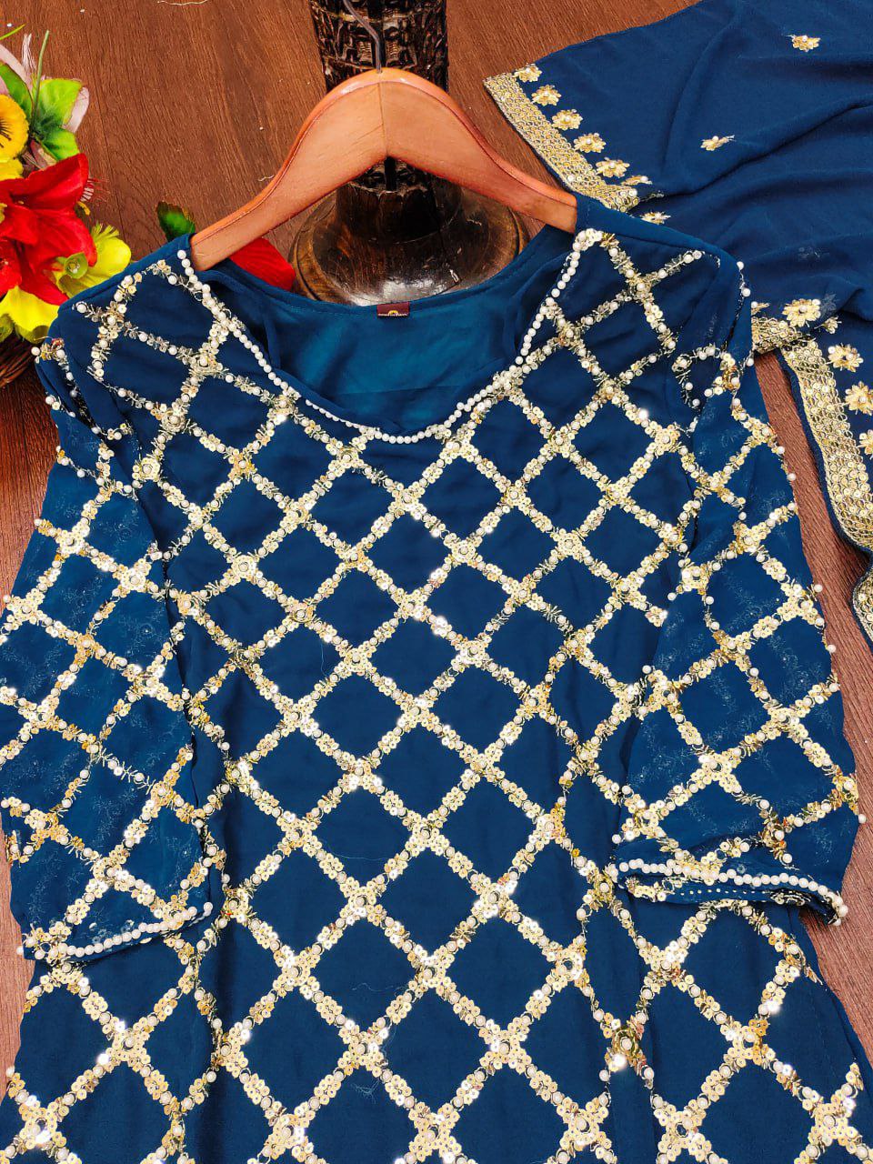 Designer Embroidered Fox Georgette Suit With Sequence Embroidered Work With Rivet Moti Drape Dress