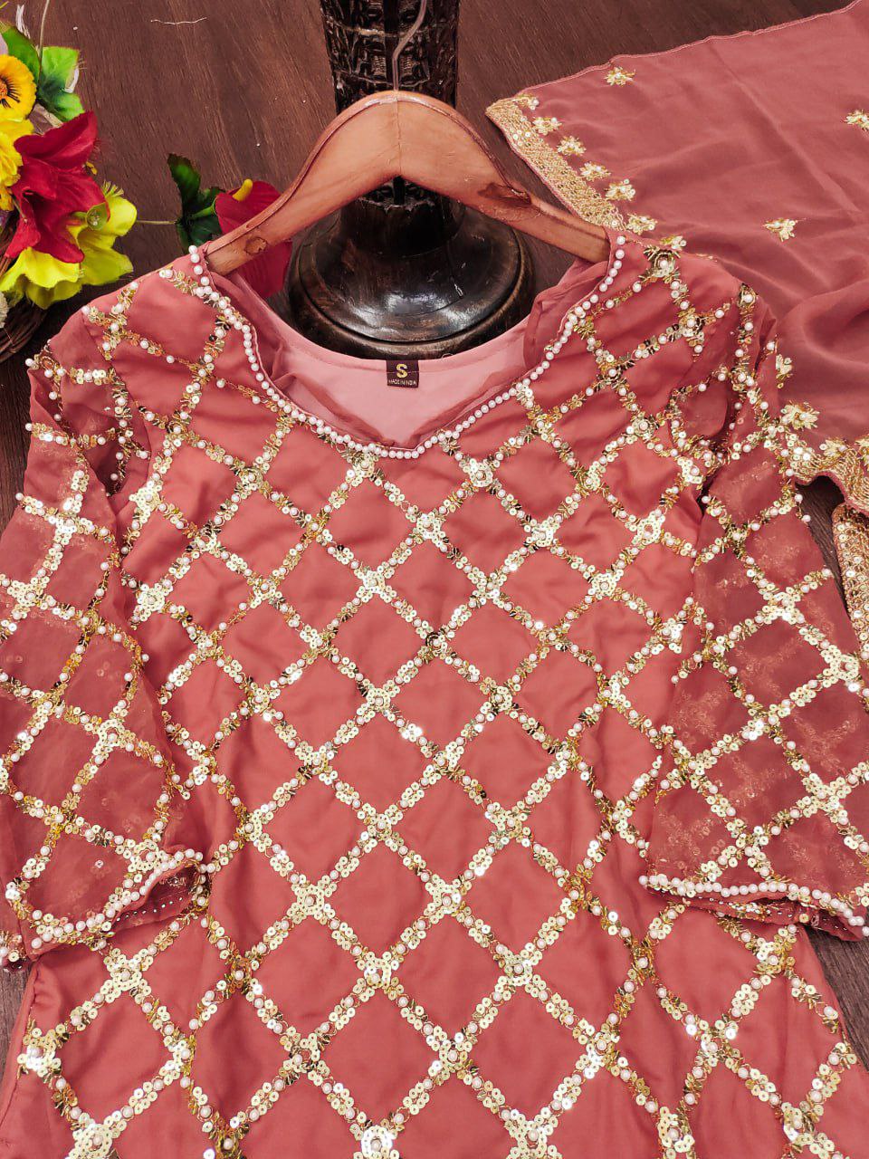 Designer Embroidered Fox Georgette Suit With Sequence Embroidered Work With Rivet Moti Drape Dress