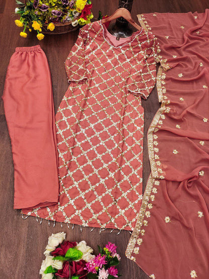 Designer Embroidered Fox Georgette Suit With Sequence Embroidered Work With Rivet Moti Drape Dress