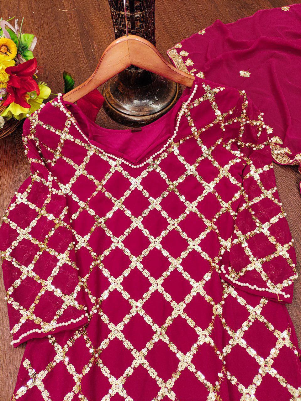 Designer Embroidered Fox Georgette Suit With Sequence Embroidered Work With Rivet Moti Drape Dress