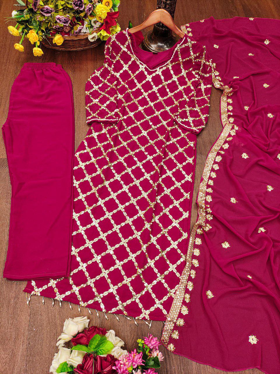 Designer Embroidered Fox Georgette Suit With Sequence Embroidered Work With Rivet Moti Drape Dress