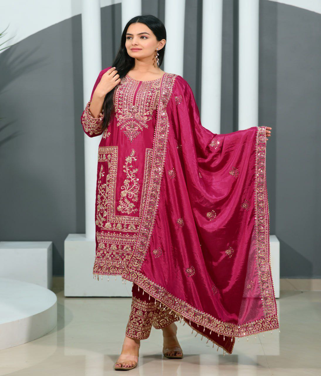 Chinon Coding-Sequin Embroidered Suit Set | Designer Festive Wear Drape Dress
