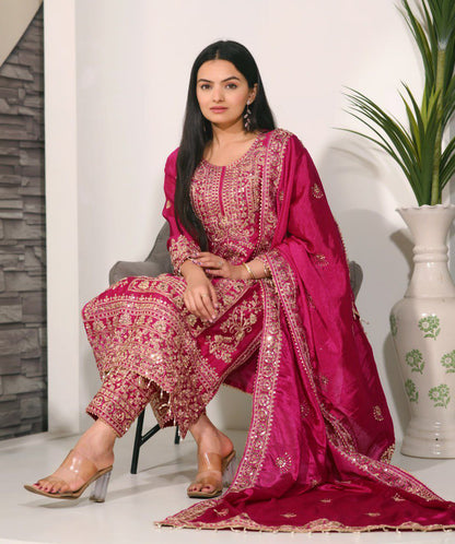 Chinon Coding-Sequin Embroidered Suit Set | Designer Festive Wear Drape Dress