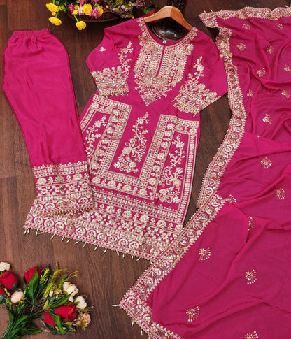 Chinon Coding-Sequin Embroidered Suit Set | Designer Festive Wear Drape Dress