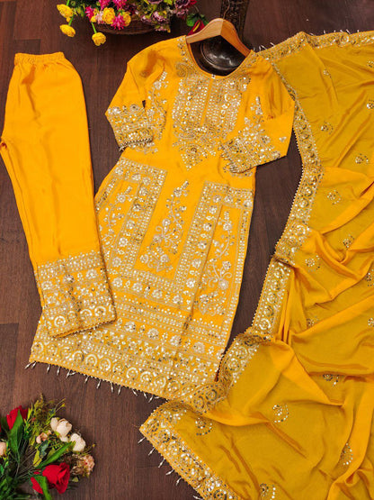 Chinon Coding-Sequin Embroidered Suit Set | Designer Festive Wear Drape Dress