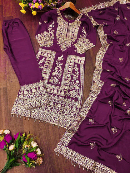 Chinon Coding-Sequin Embroidered Suit Set | Designer Festive Wear Drape Dress