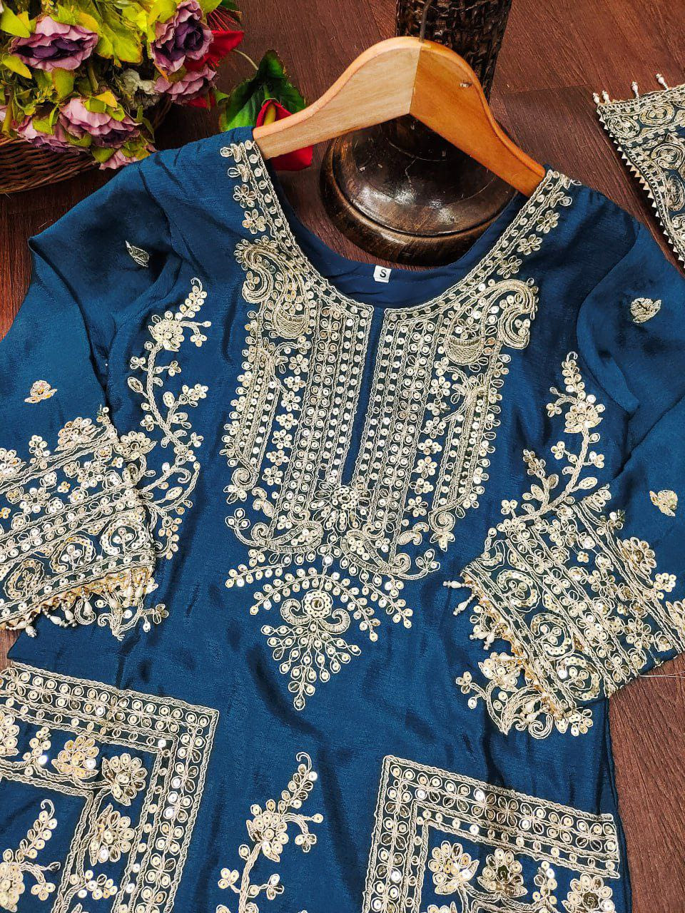 Chinon Coding-Sequin Embroidered Suit Set | Designer Festive Wear Drape Dress