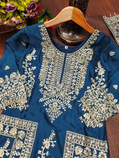 Chinon Coding-Sequin Embroidered Suit Set | Designer Festive Wear Drape Dress