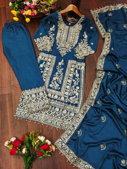 Chinon Coding-Sequin Embroidered Suit Set | Designer Festive Wear Drape Dress