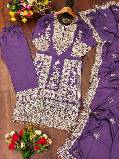 Chinon Coding-Sequin Embroidered Suit Set | Designer Festive Wear Drape Dress