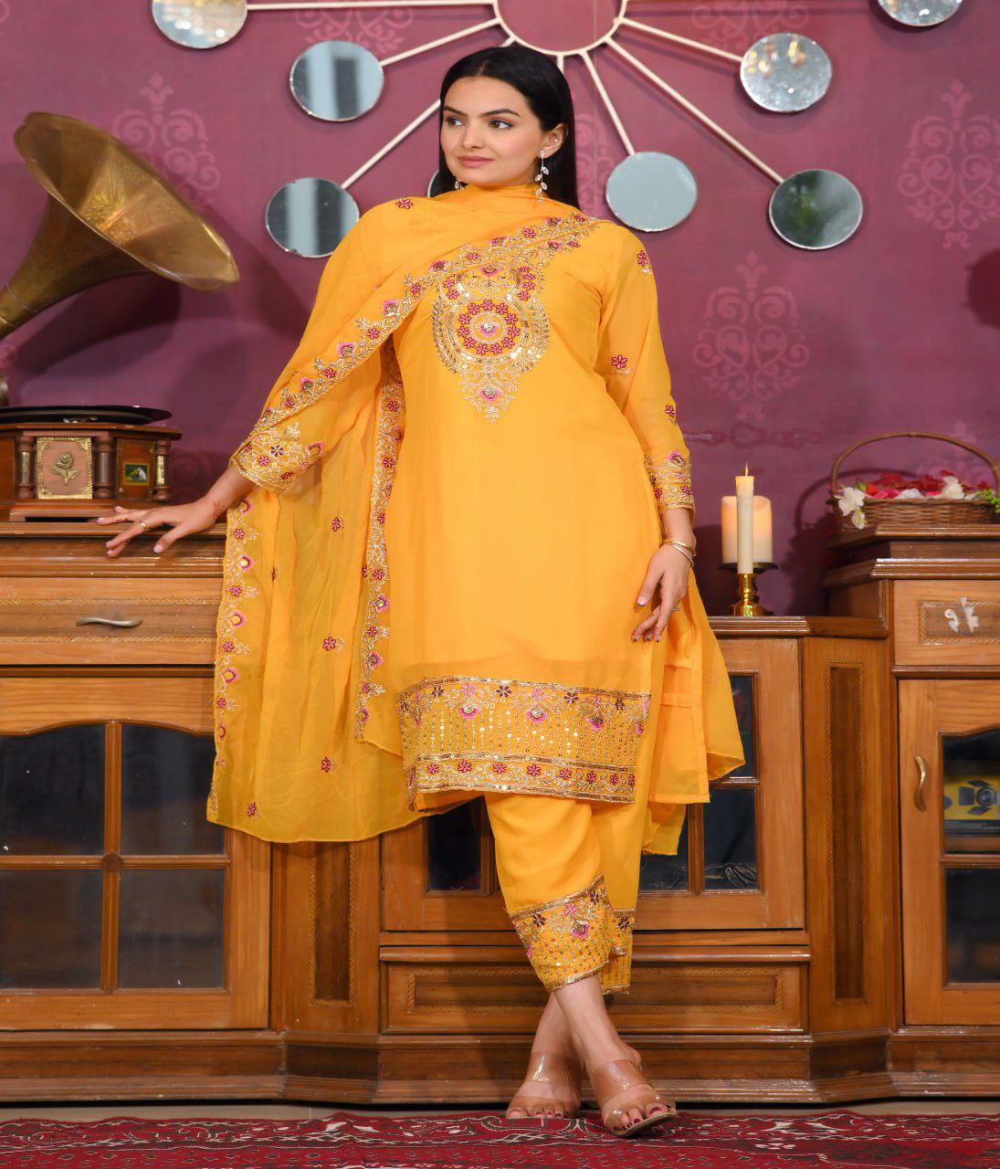 Designer Fox Georgette Sequin-Embroidered Suit Set | Festive Ethnic Wear Drape Dress