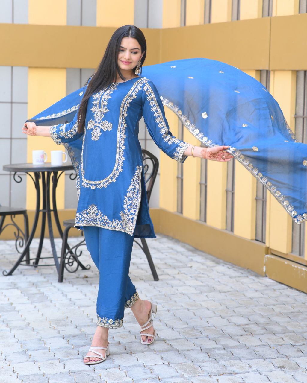 Chinon Sequence-Embroidered Designer Suit Set | Festive Wear Drape Dress