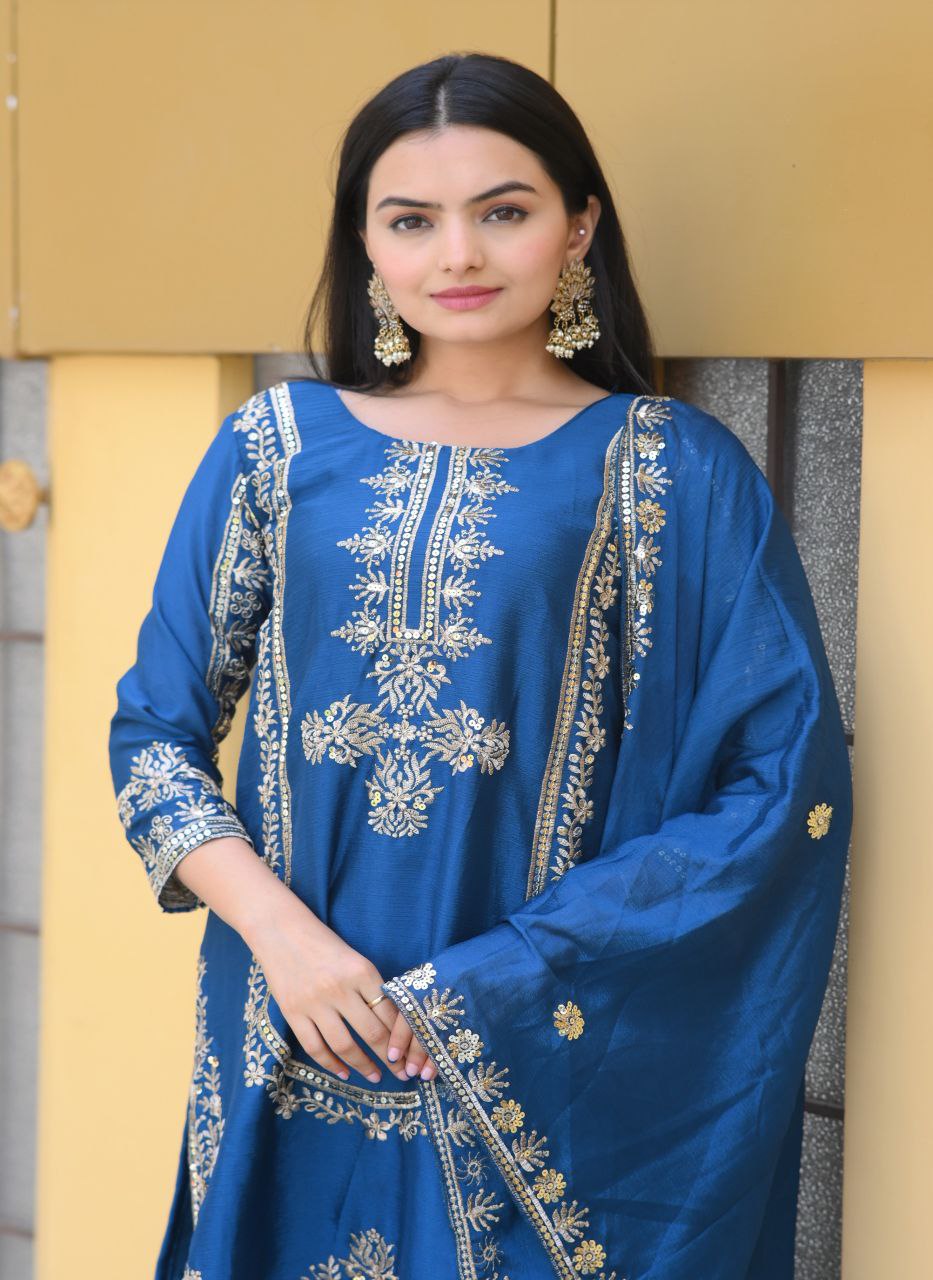 Chinon Sequence-Embroidered Designer Suit Set | Festive Wear Drape Dress