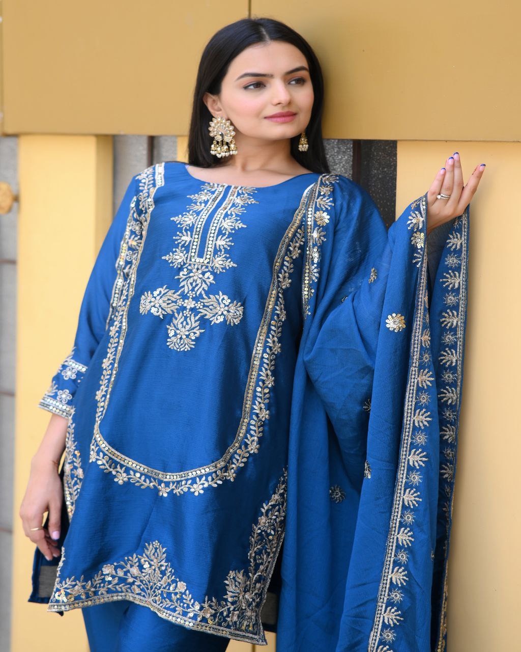 Chinon Sequence-Embroidered Designer Suit Set | Festive Wear Drape Dress