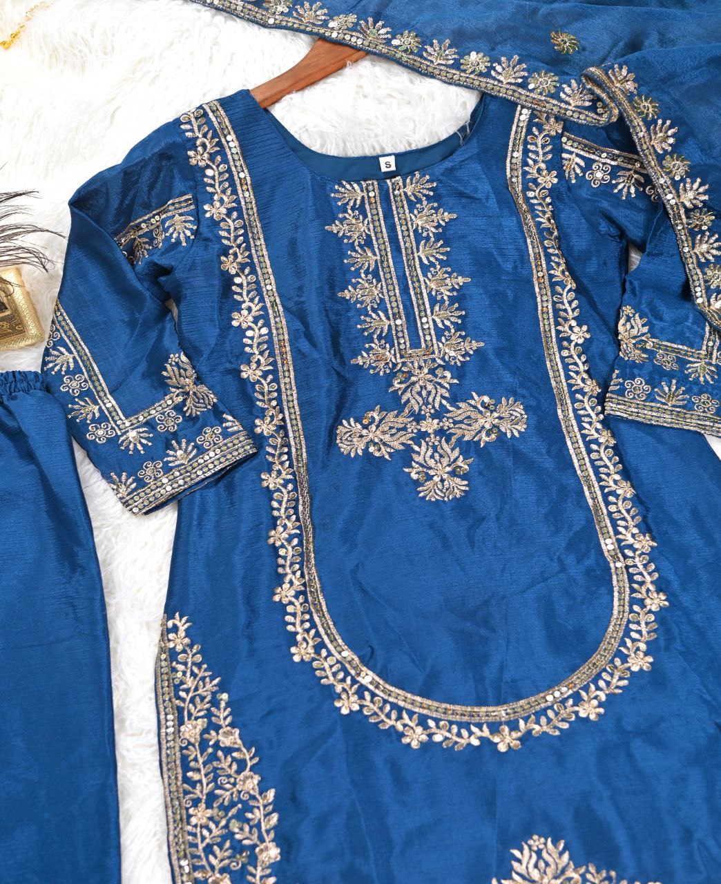 Chinon Sequence-Embroidered Designer Suit Set | Festive Wear Drape Dress