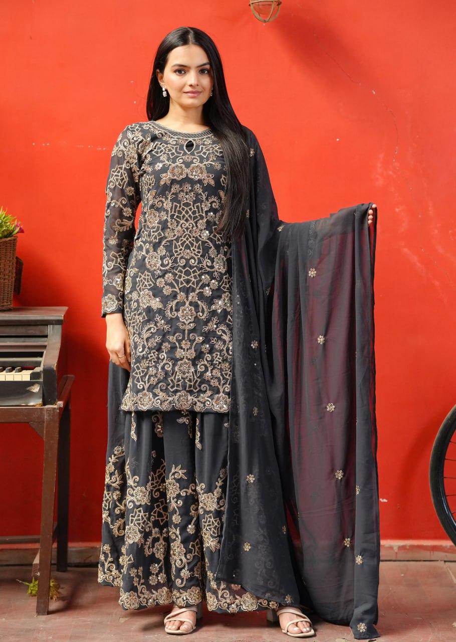 Designer Fox Georgette Sharara Suit with Heavy Sequin & Coding Embroidery Work