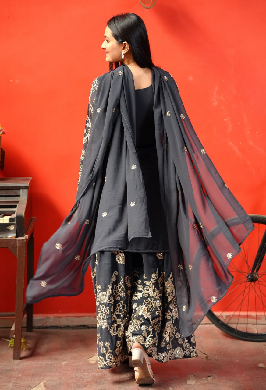 Designer Fox Georgette Sharara Suit with Heavy Sequin & Coding Embroidery Work