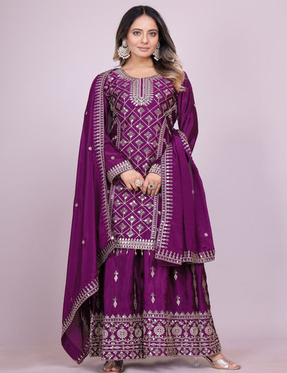 Designer Chinon Sharara Suit with Elegant Coding Sequence Embroidery