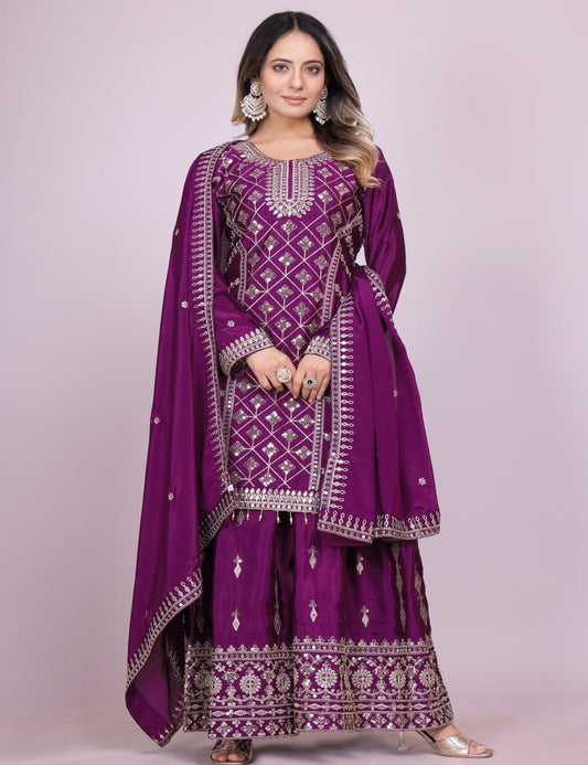 Designer Chinon Sharara Suit with Elegant Coding Sequence Embroidery