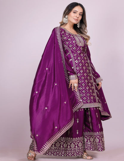 Designer Chinon Sharara Suit with Elegant Coding Sequence Embroidery