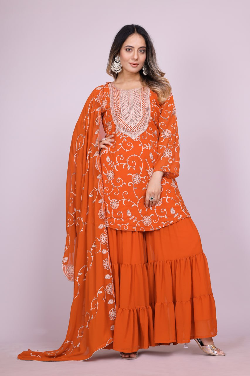 Designer Georgette Sharara Suit with Beautiful Embroidered Work