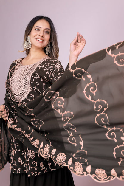 Designer Georgette Sharara Suit with Beautiful Embroidered Work