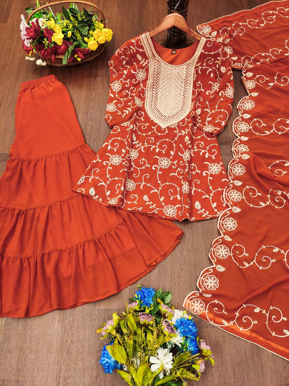 Designer Georgette Sharara Suit with Beautiful Embroidered Work