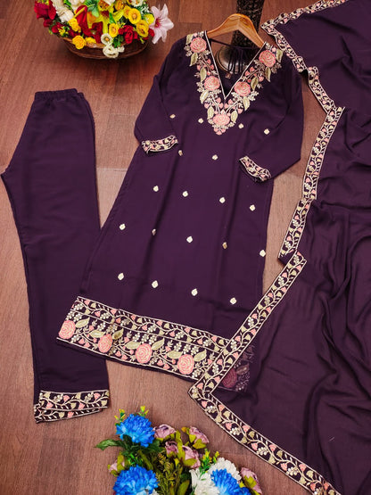 Georgette Resham Thread & Sequin Kurta with Trouser & Dupatta
