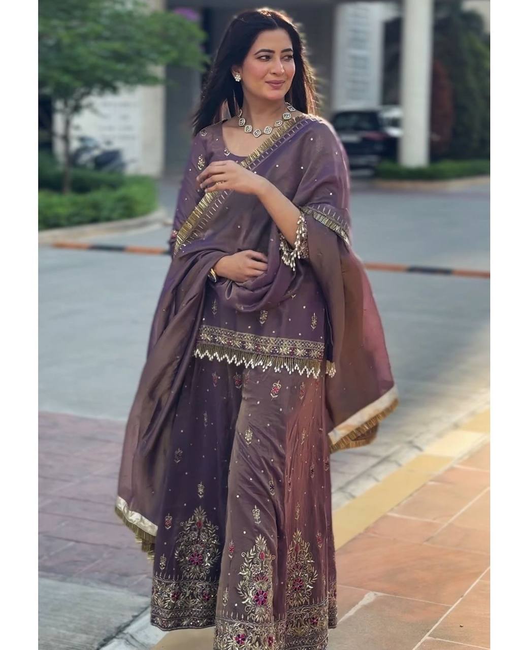 Elegant Mauve Zari Embroidered Sharara Suit Set with Dupatta