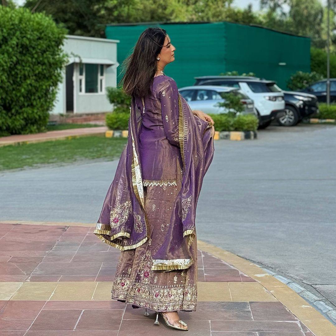 Elegant Mauve Zari Embroidered Sharara Suit Set with Dupatta