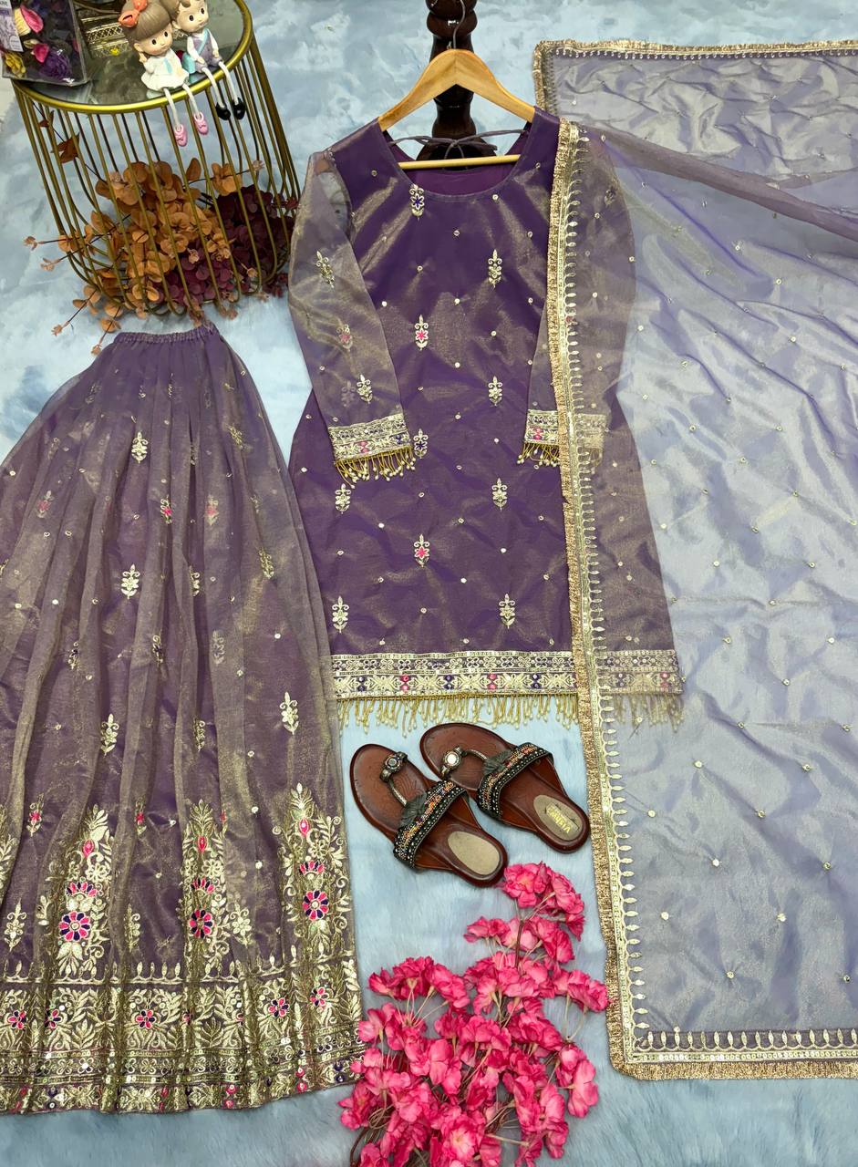 Elegant Mauve Zari Embroidered Sharara Suit Set with Dupatta