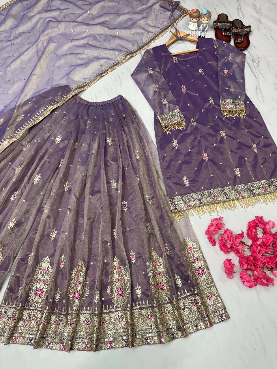 Elegant Mauve Zari Embroidered Sharara Suit Set with Dupatta