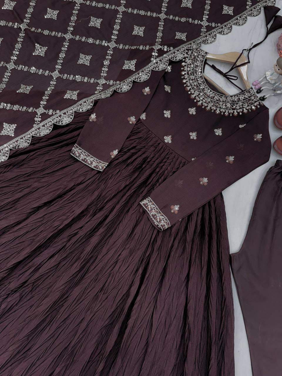 Coffee Brown Georgette Anarkali Gown with Golden Zari Dupatta