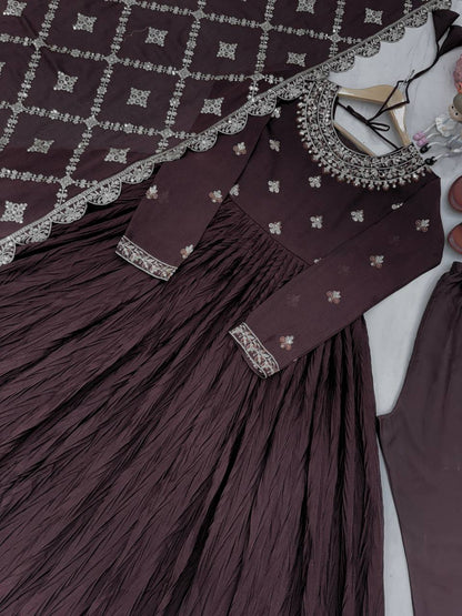 Coffee Brown Georgette Anarkali Gown with Golden Zari Dupatta