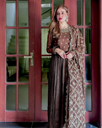 Coffee Brown Georgette Anarkali Gown with Golden Zari Dupatta