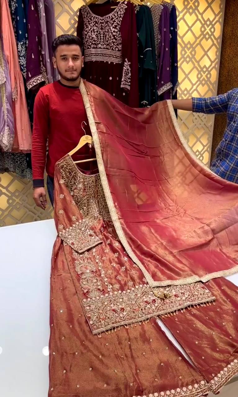 Rust Orange Embroidered Straight-Cut Suit with Sharara & Heavy Zari Work