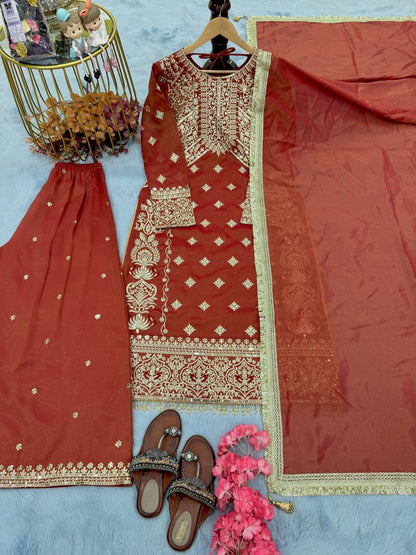 Rust Orange Embroidered Straight-Cut Suit with Sharara & Heavy Zari Work