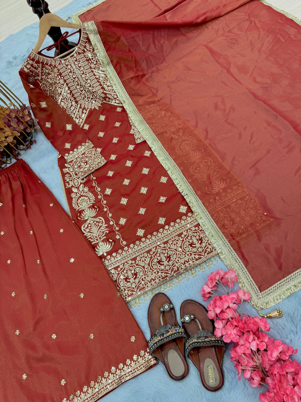 Rust Orange Embroidered Straight-Cut Suit with Sharara & Heavy Zari Work